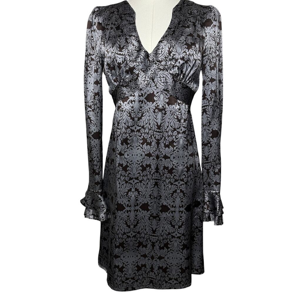 NANETTE LEPORE Vintage 100% SILK DAMASK Long BELL SLEEVE Dress Size 2